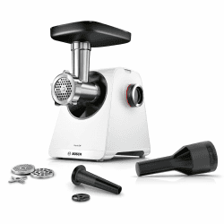 Bosch Fleischwolf Serie 4 MFWS420W, kompakt, 2 Stufen, 2 Lochscheiben (3 & 8mm), Wurststopfer, 10 J Motorgarantie, Planetengetriebe, 1.900 W, weiß/schwarz, Weiss