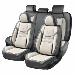 Coverado Sitzbezüge Auto Leder Komplettset, Wasserdichtes Autositzbezüge für 5-Sitze mit geprägten Körnern, Universell Sitzbezug Auto Sitzschoner Kompatibel für Limousinen SUV Pickup LKW, Grau&Weiß