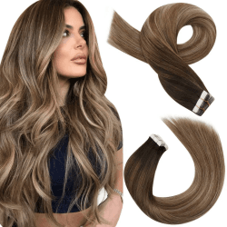 Moresoo Tape in Extensions Balayage Remy Echthaar Extensions Tape Klebe Extensions Echthaar Ombre Dunkelbraun bis Hellbraun mit Goldblond Haarextension Echthaar Tape 50 cm 20 Stück 50 Gramm #4/10/16 50 cm 1.#4/10/16