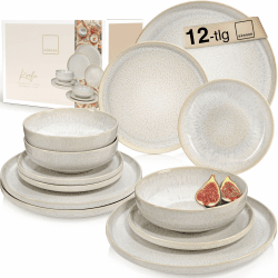 SÄNGER | Geschirrset Korfu 12 tlg, Tafelservice 4 Personen, Steingut Geschirr Handmade, Teller Set inkl. Essteller Dessertteller Tiefe Teller Creme Farben mit Sandiger Maserung | PREMIUM COLLECTION