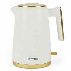 Petra PT5031WVDE 1,7L Wasserkocher – 360° drehbare Basis, Strix-Controller, Antikalkfilter, Anzeigefenster für den Wasserstand, automatische Abschaltfunktion, Boil-Dry-Sensor, 2200W, weiß/gold