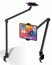viozon Handyhalterung mit 2 verstellbare Klemmen für 3,5-13 Zoll Handys und Tablets, Höhenwinkelverstellbar, 360 Grad Drehung, Clip auf der Basis, Overhead Aufnahme (Schwarz)
