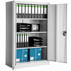 tectake Aktenschrank, Büroschrank abschließbar, Mehrzweckschrank aus Stahl, Allzweckschrank, mit 2 Türen, inkl. 3 höhenverstellbare Einlegeböden, 140x90x40 cm - grau