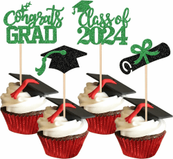 24 Stück Class of 2024 Tortendeko Abschluss Cupcake Toppers Glitzer Diplom Grad Cap Kuchen Deko Absolvent Kuchen Dekoration for 2024 Schule Abschluss Thema Party Torten Dekorationen Schwarz Grün