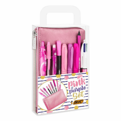 BIC Stifte Set: 2 Kugelschreiber, 1 Federmäppchen, 1 Fineliner, 2 Bleistifte, 1 Tintenroller & 3 Permanent Marker, Pink & Purple Set