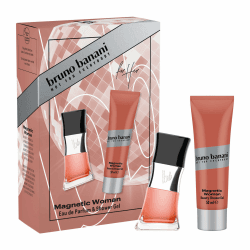 bruno banani Magnetic Woman Geschenkset mit Eau de Parfum und Duschgel, fesselnder Amber-Gourmand-Duft für Frauen, 30 ml und 50 ml