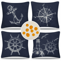 Nautische Kissenbezug Blau Outdoor Wasserdichter Kissenbezüge Dekorative Sofakissen Leinen Dekokissen 45x45cm für Sofa Couch Patio Möbel Garten Draußen Drinnen (Leuchtturm, Anker, Ruder, Kompass)
