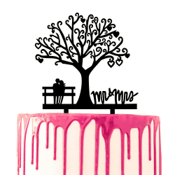 CARISPIBET Hochzeitstortenaufsatz, Acryl-Silhouette, Paar sitzen auf der Bank am Baum, liebevoll "Mr & Mrs" Hochzeitstorte dekorativ