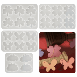 Bekecidi 4 Stück Silikon-Schlüsselanhänger-Harz-Formen, Schmetterlings-Epoxidharz-Formen, Kleeblatt-Harz-Schlüsselanhänger-Form, Wolke, Silikon-Anhängerform für Harzguss, Schmuck, Schlüsselanhänger,