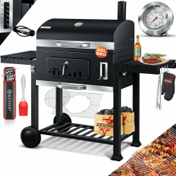 KESSER® Grill Grillwagen BBQ Smoker XXL Holzkohlegrill mit Deckel, Rädern, Edelstahl-Griff, Grillrost und Thermometer, 8 Spieße mit Tasche & Silikon-Pinsel, Standgrill, Kohlegrillwagen