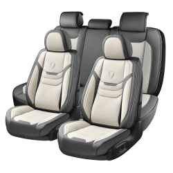 Coverado Sitzbezüge Auto Leder Komplettset, Wasserdichtes Autositzbezüge für 5-Sitze mit geprägten Körnern, Universell Sitzbezug Auto Sitzschoner Kompatibel für Limousinen SUV Pickup LKW, Grau&Beige