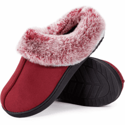 HomeTop Damen Microsuede Hausschuhe Warm Klassische Langlebige Rutschfest Memoryschaum Pantoffeln mit Flauschiger Kunstfellkragen 40/41 EU Burgundisch