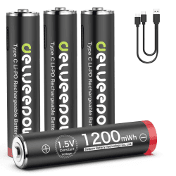 Delyeepow USB-C AAA Akkus Lithium Wiederaufladbare, 1.5V 1200mWh USB Wiederaufladbare AAA Batterien mit 2-in-1 USB-C Ladekabel, 1 Stunden Schnellladung, 1500 Zyklus, 4 Stück