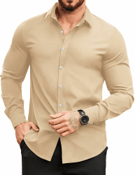 COOFANDY Herren Hemd Langarm Button Down Bügelfrei Freizeithemden Business Casual Regular Fit Einfarbig Hemden M Beige