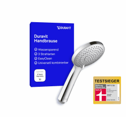 Duravit Universal Duschkopf, Duschbrause mit 3 Strahlarten (Rain, Intense , Soft ), Handbrause rund (Ø 110 mm), Brausekopf mit wassersparender MinusFlow-Funktion, reinigungsfreundlich, Chrom