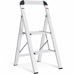 KINGRACK Stufenleiter, Trittleiter 2 Stufen, Klapptrittleiter mit Handlauf, rutschfeste Haushaltsleiter mit Klappsicherung, Aluminium Tritthocker, Belastbar bis 150 kg, 2 Stufen,Silber