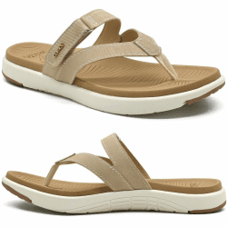 COFACE Flip Flops Damen Mode Orthopädische Leder Stoff Leicht Zehentrenner Frauen Bequeme Plantarfasziitis Weich Yoga Fußbett Badelatschen Sommer Strand Rutschfest Feste Gummi Sohle 41 EU Beige