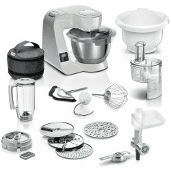 Bosch Küchenmaschine Serie 4 MUM5XL72, integrierte Waage, 2x Schüssel 3,9L, Mixer 1,25L, Rührset, Durchlaufschnitzler, Planetarisches Rührgetriebe, Fleischwolf, Würfelschneider, 1000 W, Grau/Silber