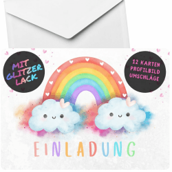 celebr8te 12x Einladungskarten mit Regenbogen Glitzer Motiv - Für den Kindergeburtstag von Mädchen - Bunte Geburtstagseinladungen +12 Umschläge