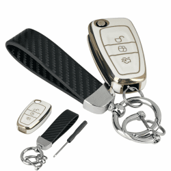3-Tasten Autoschlüssel Hülle für Ford Focus Mondeo Fusion Fiesta Ka Kuga S-Max C Weiß Goldrand TPU-Silikon-Schutzhülle und Auto Premium Kohlefaser Schlüsselanhänger