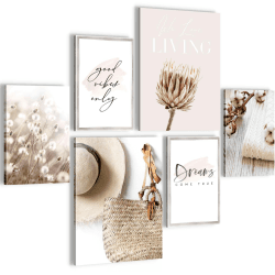Novart Wandbilder Set Boho Pampasgras Beige Rosa - KEIN EXTRA RAHMEN BENÖTIGT - Modern Deko - Wohnzimmer Schlafzimmer N006663a