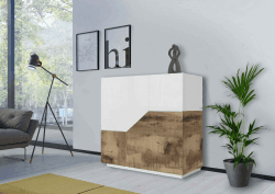 Dmora - Kommode Domenico, Küchen-Sideboard mit 2 geometrischen Türen, Wohnzimmer-Buffet, Küchen-Sideboard, 100 % Made in Italy, 79 x 43 x 86 cm, glänzendes Weiß und Ahorn