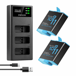 ENEGON Hero 12 11 10 9 Akku (1800mAh 2-Pack) Wiederaufladbare Hero 11 Akku und 3-Kanal-USB LCD Batterieladegeräte voll Kompatibel mit Gopro Hero 12 Hero 11, Hero10, Hero 9 (2X Akkus+1x Ladegerät)