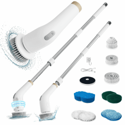 NanoMin 13 in 1 Elektrische Elektrische Reinigungsbürste mit Verlängerungsgriff, Badzubehör-Set mit 11 austauschbaren Bürsten für Toilette, Badewanne, Küche, Boden(Ivory White)
