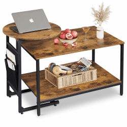 WLIVE Couchtisch Rund mit 2 Ebenen, Wohnzimmertisch Holz, Stubentisch mit Metallrahmen, für Wohnzimmer, Schlafzimmer, Modern Design, Braune Walnuss