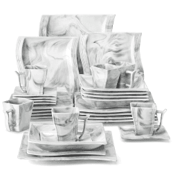 MALACASA, Serie Flora, 30 tlg. Marmor Porzellan Geschirrset Kombiservice Tafelservice mit je 6 Kaffeetassen, 6 Untertassen, 6 Dessertteller, 6 Suppenteller und 6 Flachteller