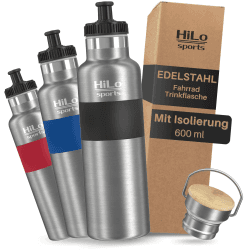 HiLo sports isolierte Trinkflasche Fahrrad Edelstahl 600ml - [Hält 12h warm & 24h kalt] Thermo Radflasche - Auslaufsichere Metall Fahrrad Trinkflasche mit 2 Verschlüssen