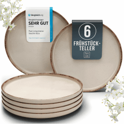 Steingut Frühstücksteller 6 Pers. Rustic Hochwertiges Landhausstil TEST SEHR GUT Dessertteller Set - Kuchenteller spülmaschinen- und kratzfest - Kleine Teller, Salatteller Pure Living in Beige