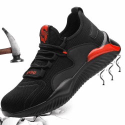 Sicherheitsschuhe Herren Damen Arbeitsschuhe mit Stahlkappe Leicht Safety Shoes Sportlich Schuhe Atmungsaktiv Sneaker Stylisch Trekkingschuhe 42 EU Schwarz Rot