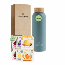 waterdrop® Geschenkset – Trinkflasche – 600ml Edelstahlflasche auslaufsicher - 18 zuckerfreie Getränkewürfel zum Auflösen - Kohlensäure geeignet – Premium Geschenkbox - ideal als Weihnachtsgeschenke