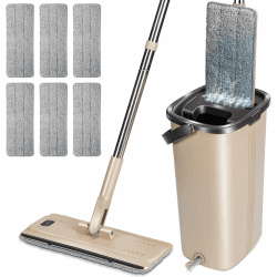 Bodenwischer Set, Wischmopp Set mit Eimer, MASTERTOP 2 In 1 Putzeimer mit Wischmop mit 6 Mikrofaser-Pads, Hand-Frei Flachmopp Wischer mit Auswringfunktion für Hartholz, Fliesen, Laminat, Marmor