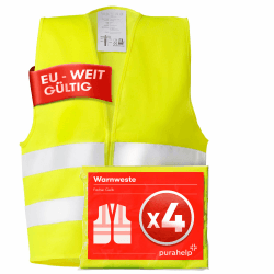 PURAHELP Warnwesten Auto 4er Set Europaweit gültig nach EN ISO 20471 - Reflektierende Warnweste Auto - Sicherheitsweste Auto Warnweste Gelb - Warnschutzweste - Sicherheitswesten für Erwachsene
