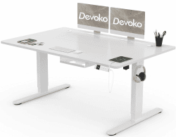 Devoko Höhenverstellbarer Schreibtisch 140x80cm mit Typ-C Ladeanschluss, Mobiler Elektrisch Computertisch mit Kabel Management Tray und 3-Funktions-Memory, Weiß