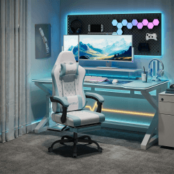 WOLTU Gaming Stuhl mit Massagefunktion, Computerstuhl mit Taschenfederkissen, Gamer Sessel ergonomisch, Drehstuhl mit Kopfkissen, Lendenkissen, Fußstütze, Netzstoff, Weiß+Blau,GS15bws