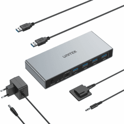 Unitek DP KVM Switch1 Monitor 2 Computer USB 3.0 8K@60Hz KVM-Schalter 4 USB-Anschlüsse für 2 Computer Teilen von Monitor Tastatur Maus Festplatten HDCP-Adaptiv 2 USB-Kabel DC5V-Adapter