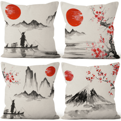 Aoihrraan 41x41cm 4er Set Dekorativ Japanisch Kissenbezug Rot Sonne Schwarz Und Weiß Landschaft Berg Fuji Quadratische Sofakissen Dekokissen Aus Leinen Japan Taverne Zuhause Schlafzimmer Sofa Tatami