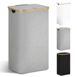 YOUDENOVA Wäschekorb mit Deckel 85L Wäschesammler schmal mit Wäschesack Groß faltbarer Wäschesortierer Holz Bambus Wäschetruhe hoch Laundry Baskets, Grau