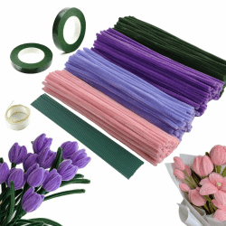 Galerie SV Tulpe Blumenstrauß Pfeifenreiniger Set, 400 Stück Pfeifenputzer zum Basteln Pfeifenreiniger Blumen Pfeifenreiniger zum Basteln mit 20 Stück Grün Basteldraht, Geschenkband, Blumenband
