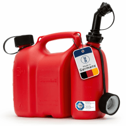 hünersdorff PROFI Doppelkanister / Kombikanister für Kraftstoff und Öl mit Kindersicherung und Auslaufrohr, 3 + 1,5 Liter, rot, UN-Zulassung, Made in Germany