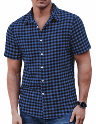 COOFANDY Herren Hemd Kariertes Kurzarm Freizeithemd Regular Fit Casual Trachtenhemd A-blau&schwarz 4XL