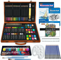 Shuttle Art 118 teiliges Malset, Deluxe Malkoffer mit Acrylfarben, Buntstift, Ölpastellkreide, Aquarellfarben, Wachsmalstifte, Malbuch, Aquarellblock, Holzkoffer, für Kinder und Erwachsene geeignet