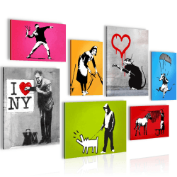 Novart Wandbilder Banksy Collage - KOMPLETT AUFHÄNGFERTIG - Bunt Wohnzimmer Büro- 7 Moderne Mood-Bilder - N022671a
