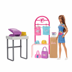Barbie Mode-Boutique Spielset - Foliendesigns Puppe, über 150 originelle Looks, inklusive 2 Oberteile und 5 Folienblätter, Kleiderständer und Kreditkartenlesegerät, ab 3 Jahren, HKT78