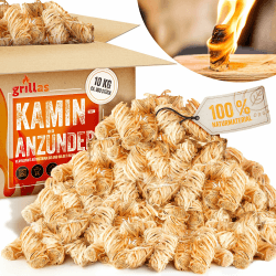 grillas 10 kg Bio-Kaminanzünder und Öko-Grillanzünder ca. 800 Stück aus Holzwolle, in pflanzlichem Wachs getränkt | Kohleanzünder | Wachsanzünder | Anzündwolle | Anzündhilfe ohne Rückstände