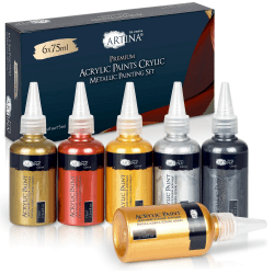 Artina 6 x 75ml Acrylfarben Metallic Set Crylic (Glitter) - Acrylfarbe Gold, Silber, Bronze, Kupfer - Metallic Farbe zum Malen mit Pinsel und Malmesser auf Leinwand, Ton, Papier, Beton etc.