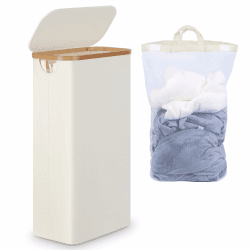 efluky Wäschekorb Schmal 63L, Schlanker Wäschekorb mit Deckel, Beige Faltbare Wäschebehälter mit Bambusgriffen und abnehmbarem Beutel für Waschküche, Schlafzimmer, Badezimmer